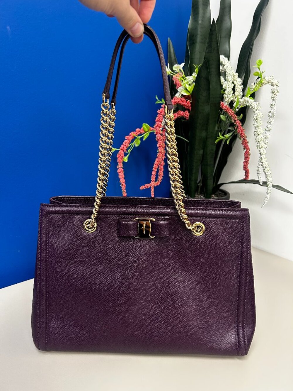 SALVATORE FERAGAMO Purple Safiano Leather Shoulder Bag